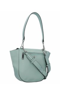 Vaaleanvihreä nahkakäsilaukku, jossa on muotoiltu malli, säädettävä hihna ja hopeiset yksityiskohdat. Edessä on vetoketjullinen tasku.