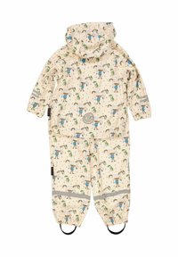 Børns regnsæt i beige med farverige hest- og figurtryks. Udviklet med hætte, elastiske manchetter, justerbare fodstropper og reflekterende detaljer.