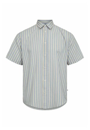 Kortærmet skjorte med knapper, lyseblå og hvide lodrette striber og klassisk krave.