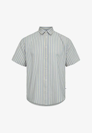 Short-sleeve button-up shirt with light blue and white vertical stripes and a classic collar.