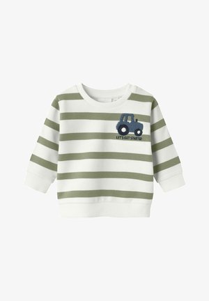 Sudadera a rayas en blanco y verde oliva, con un gráfico de un tractor y el texto "EMPECEMOS", con puños y dobladillo acanalados.