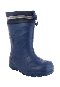 Botte en caoutchouc bleu marine avec surface texturée, motifs en vagues et fermeture supérieure à cordon sécurisé. Dispose d'une semelle robuste pour une meilleure adhérence.