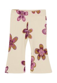 Cremefarbene Rippstoffhosen mit weitem Bein, dekoriert mit großen rosa und braunen Blumenmustern.