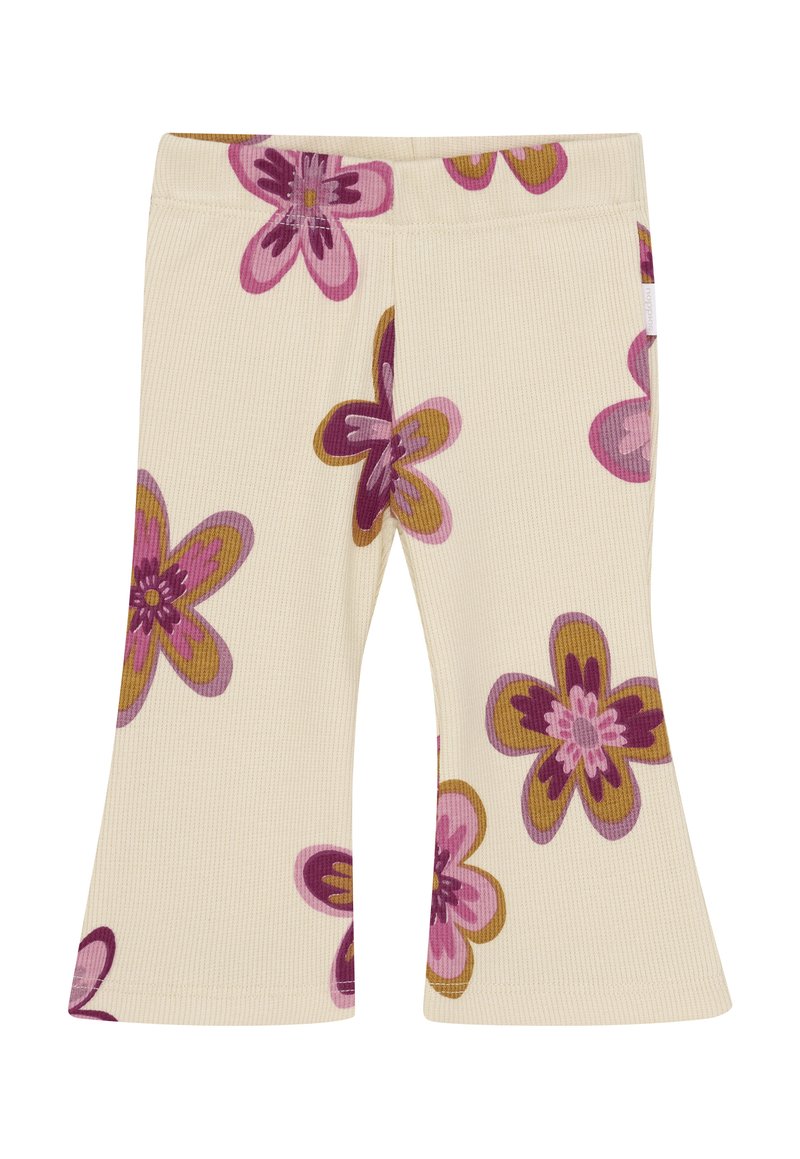 Cremefarbene Rippstoffhosen mit weitem Bein, dekoriert mit großen rosa und braunen Blumenmustern.