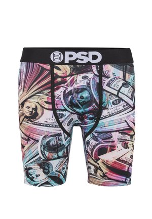 Schwarze Boxer-Shorts mit farbigem, durchgehendem Muster aus gerollten und gestapelten US-Dollar-Scheinen und PSD-Logo am Bund.