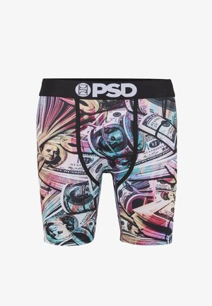 Czarne bokserki z kolorowym nadrukiem przedstawiającym zwinięte i ułożone w stosy banknoty dolarów amerykańskich oraz logo PSD na gumce w pasie.