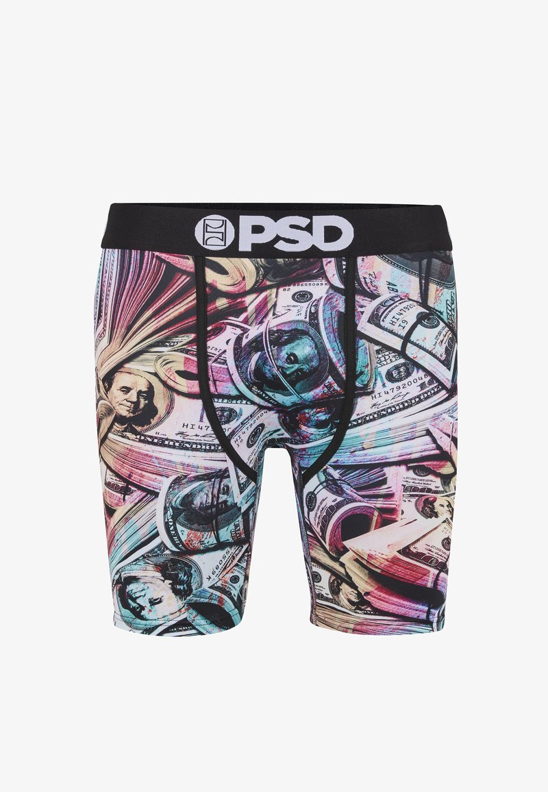 Čierne boxerky s pásom s farebnou potlačou celoplošne zobrazujúcou zviazané a naskladané dolárové bankovky a logo PSD na páse.