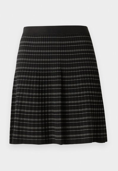 Black pleated skirt with a smooth waistband, featuring subtle contrasting horizontal stripes in silver and white across the fabric.