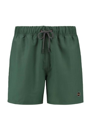 Zelené plavky s elastickým pásom a šnúrkou. Obsahujú logo na dolnom pravom rohu a jemnú, ľahkú tkaninu.