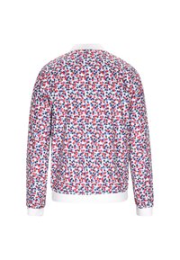 Blomstret sweatshirt med et rødt, hvidt og blåt mønster, med lange ærmer samt hvid krave og manchetter. Fremstillet af blødt, struktureret stof.