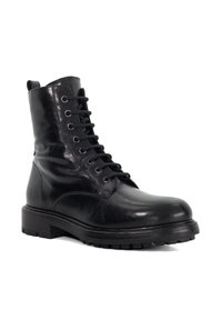 Black leather lace-up boots with a rounded toe, high shaft, and rugged sole. Features metal eyelets and a pull tab on the back.