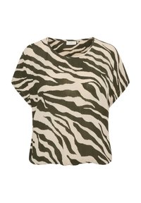Krótki rękaw, top w kolorze kremowym i oliwkowym z wzorem w tygrysie paski. Luźny krój, okrągły dekolt, fakturowany materiał i miękki spad.