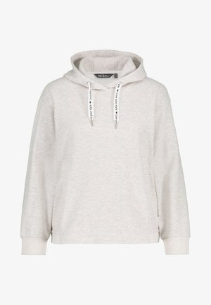 Sudadera gris claro con capucha, de material de algodón, con cordones y texto impreso, mangas largas y puños acanalados para un acabado ajustado.