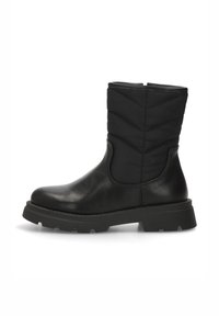 Botines negros con una combinación de cuero suave y textil acolchado. La suela gruesa proporciona mayor tracción y estabilidad.