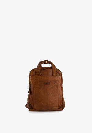 Brązowy skórzany plecak z przednią kieszenią, dwoma górnymi uchwytami i zamkami błyskawicznymi, z marką "Venezia" na przedniej kieszeni.