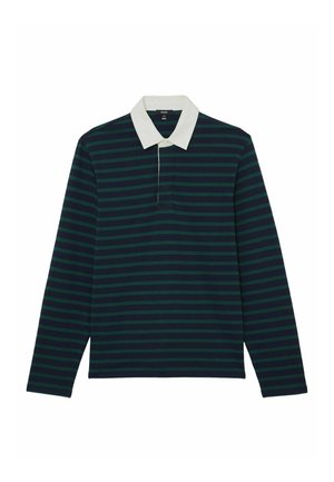 Tumesinise värvusega pika varrukaga polo särk rohelistes triipudega. Omab valget kraed ja nööbitavat rinnaklappi. Valmistatud pehmest, tekstuurse kangaga.