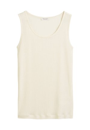 Kremowy, ryfrowany top na ramiączkach o okrągłym dekolcie, bez rękawów, z miękkim, teksturowanym wykończeniem. Posiada subtelną metkę z logo na szyi.