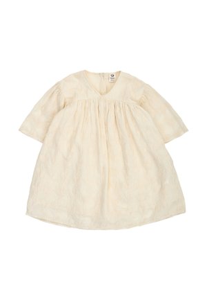 Cream-colored baby dress with long sleeves, V-neck, gathered waist, and subtle floral embroidery, displayed flat on white background.