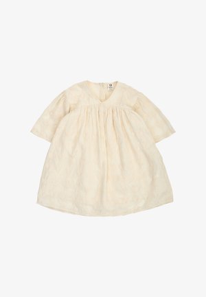 Cream-colored baby dress with long sleeves, V-neck, gathered waist, and subtle floral embroidery, displayed flat on white background.