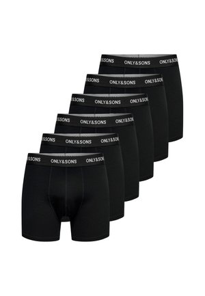 Set aus sechs schwarzen Herrenboxershorts mit weiß gedrucktem "ONLY & SONS" auf dem Bund, in versetzter Reihe angeordnet.