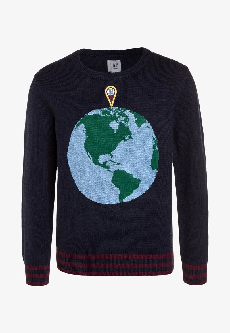 Pull pour enfant bleu foncé avec un globe montrant les Amériques et un marqueur "You Are Here" au-dessus de l'Amérique du Nord.