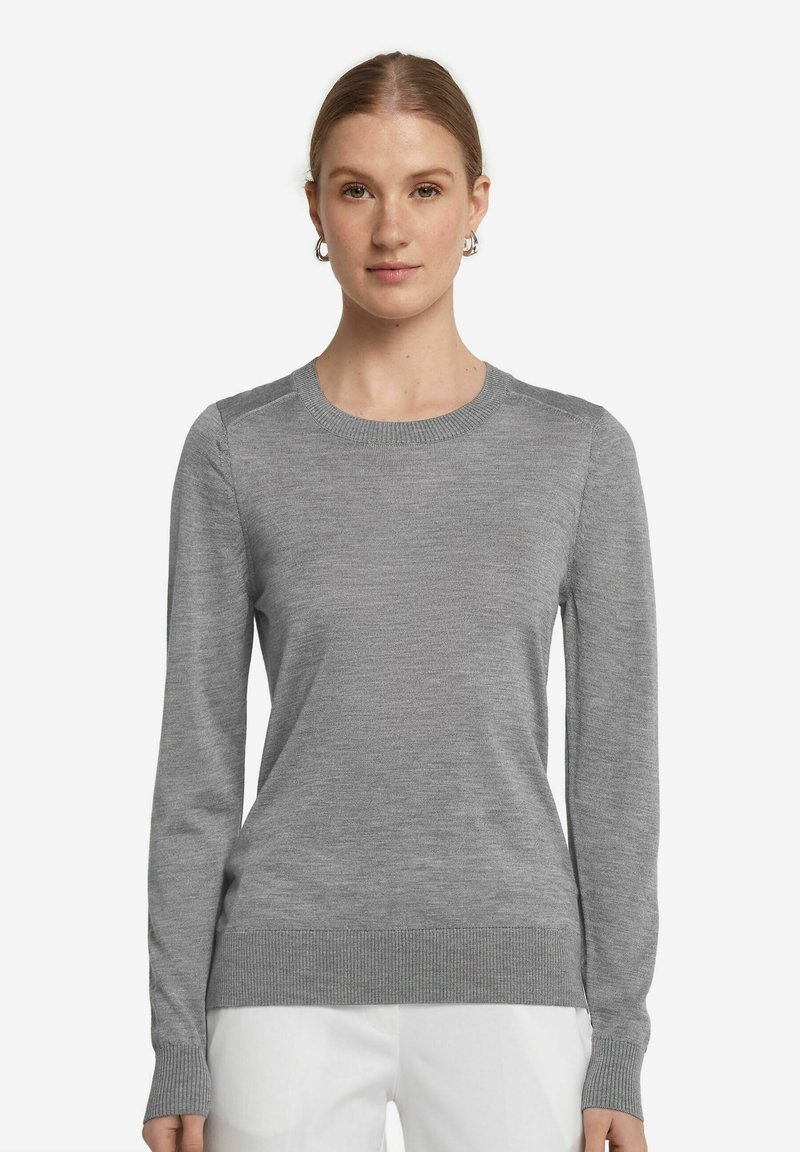 Grå crewneck-tröja med långa ärmar. Slät textur, ribbad nederkant och muddar. Enkel design utan synliga mönster eller hardware-detaljer.