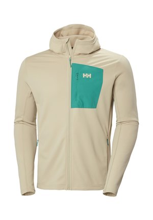 Beżowa bluza z kapturem na zamek błyskawiczny, z turkusową kieszenią na piersi i kapturem, z logo "HH" na kieszeni na piersi.
