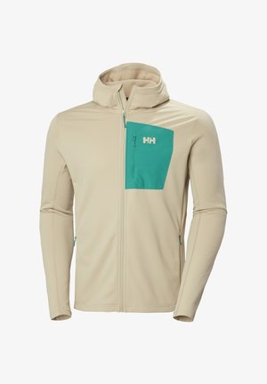 Beżowa bluza z kapturem na zamek błyskawiczny, z turkusową kieszenią na piersi i kapturem, z logo "HH" na kieszeni na piersi.