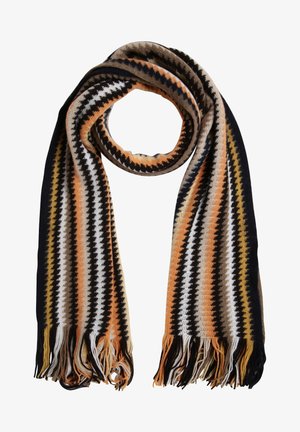 Langer gestrickter Schal mit Zickzack-Streifen in Schwarz, Weiß, Orange und Gelbtönen, mit Fransen an den Enden.