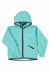 Teal fleece-takki hupulla, täysipitkällä vetoketjulla ja kahdella sivutaskulla. Ominaisuuksina kontrastivärinen laivastonsininen reunus ja brändilogo rinnassa.