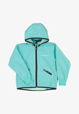 Teal fleece-takki hupulla, täysipitkällä vetoketjulla ja kahdella sivutaskulla. Ominaisuuksina kontrastivärinen laivastonsininen reunus ja brändilogo rinnassa.