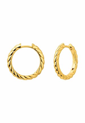 Pendientes de aro de oro con un diseño de cuerda retorcida. Presentan un acabado pulido y un mecanismo de cierre a presión para un uso seguro.
