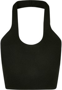 Schwarzes, geripptes Halter-Crop-Top mit Rundhalsausschnitt und breiten Trägern, aus einem strukturierten Strickstoff, der zusätzlichen Stretch und Komfort bietet.