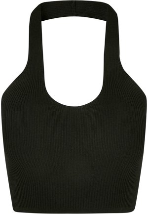 Svart ribbestrikket halterneck crop top med rund utringning og tykke stropper, med et teksturert strikket stoff for ekstra stretch og komfort.