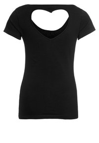 Schwarzes T-Shirt mit kurzen Ärmeln und herzförmigem Ausschnitt auf dem Rücken. Hergestellt aus weichem Stoff, zeichnet es sich durch ein klassisches, figurbetontes Design aus.