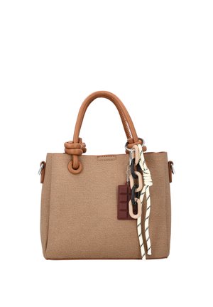 Beige gestructureerde handtas met tankleurige leren handvaten, versierd met een ketting van plastic schakels en een gestreepte touwen strik aan de voorkant.