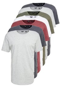Conjunto de oito T-shirts de mangas curtas em várias cores: cinza, branco, verde, burgundy e cinza escuro. Material em algodão com design de gola redonda.