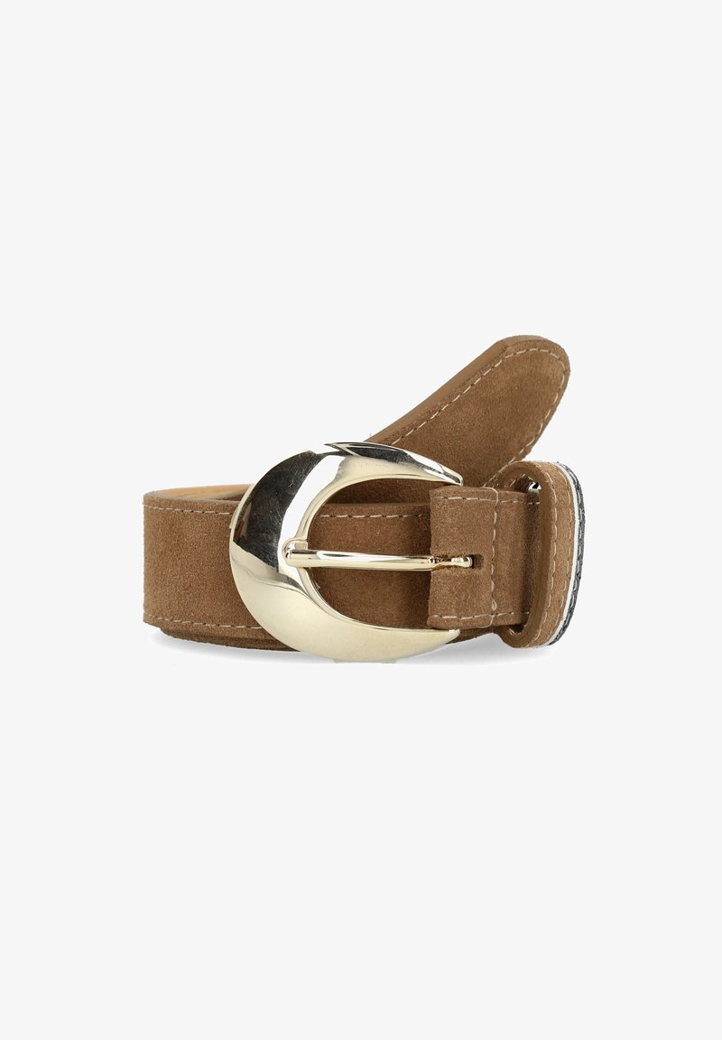 Brown suede belt with a glossy silver oval buckle, featuring detailed stitching and a smooth texture. The design is simple and functional.