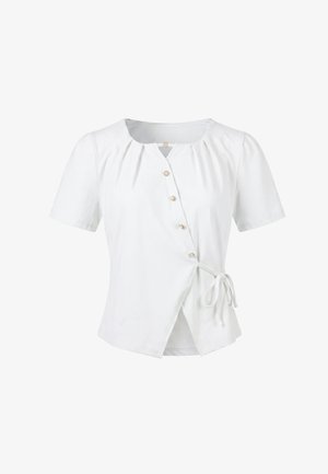 Blouse portefeuille blanche à manches courtes, encolure ronde, boutons devant, petits plis près du col et détail de nœud sur le côté.