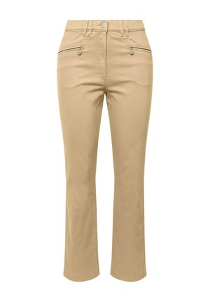 Beige Baumwollmischungshosen mit geradem Bein, ausgestattet mit zwei Reißverschlusstaschen vorne und einem Knopfverschluss am Bund.