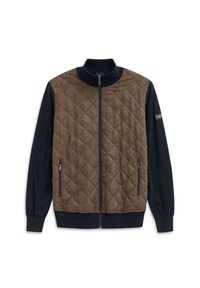Pikowana kurtka z brązowym zamszowym przodem i granatowymi dzianinowymi rękawami, z wysokim kołnierzem i bocznymi kieszeniami na zamek. Gładka tekstura całości.