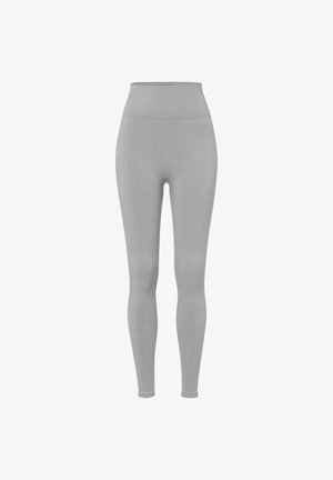 Szare legginsy z wysokim stanem, wykonane z gładkiego, elastycznego materiału. Dopasowany fason bez widocznych szwów, z miękkim pasem w celu zapewnienia komfortu.