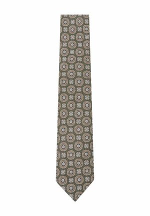 Cravate verte avec un motif géométrique floral beige et blanc réparti de manière uniforme sur le tissu.