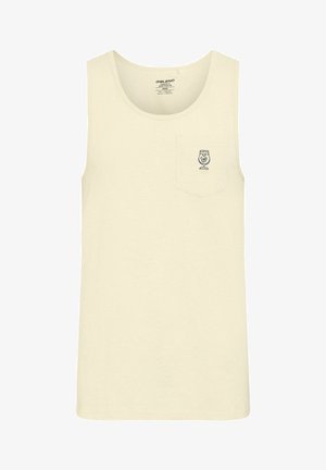 Top senza maniche color beige chiaro realizzato in tessuto morbido, con scollatura rotonda e una piccola tasca decorata con un motivo di bicchiere da cocktail stampato.