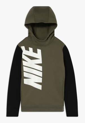 Kapuzensweatshirt mit olivgrünem Körper, schwarzen Ärmeln und großem weißem vertikalem „NIKE“-Logo auf der Vorderseite links