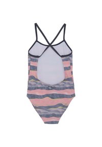 Baddräkt med korsad ryggdesign, i rosa, grå och gula horisontella ränder, med en mjuk känsla och en urtagning på ryggen.