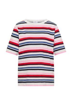 Korte mouw T-shirt met ronde hals, voorzien van horizontale strepen in rood, marineblauw, lichtblauw, donkerrood en roze op een witte achtergrond.