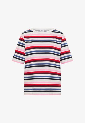 Korte mouw T-shirt met ronde hals, voorzien van horizontale strepen in rood, marineblauw, lichtblauw, donkerrood en roze op een witte achtergrond.