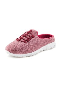 Slip-on shoe with a pink textured upper, featuring burgundy laces, a cushioned insole, and a flexible white rubber sole.