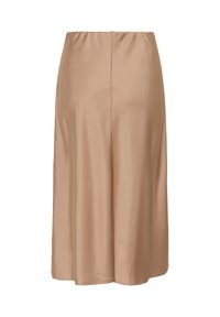 Satin knee-length skirt in a light beige color, featuring a smooth texture and elastic waistband, designed for a relaxed fit.